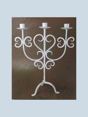 Vtg White Candelabra, 3 Holders, Curlicue Design, Metal 15 in. h x 11.75 in. w